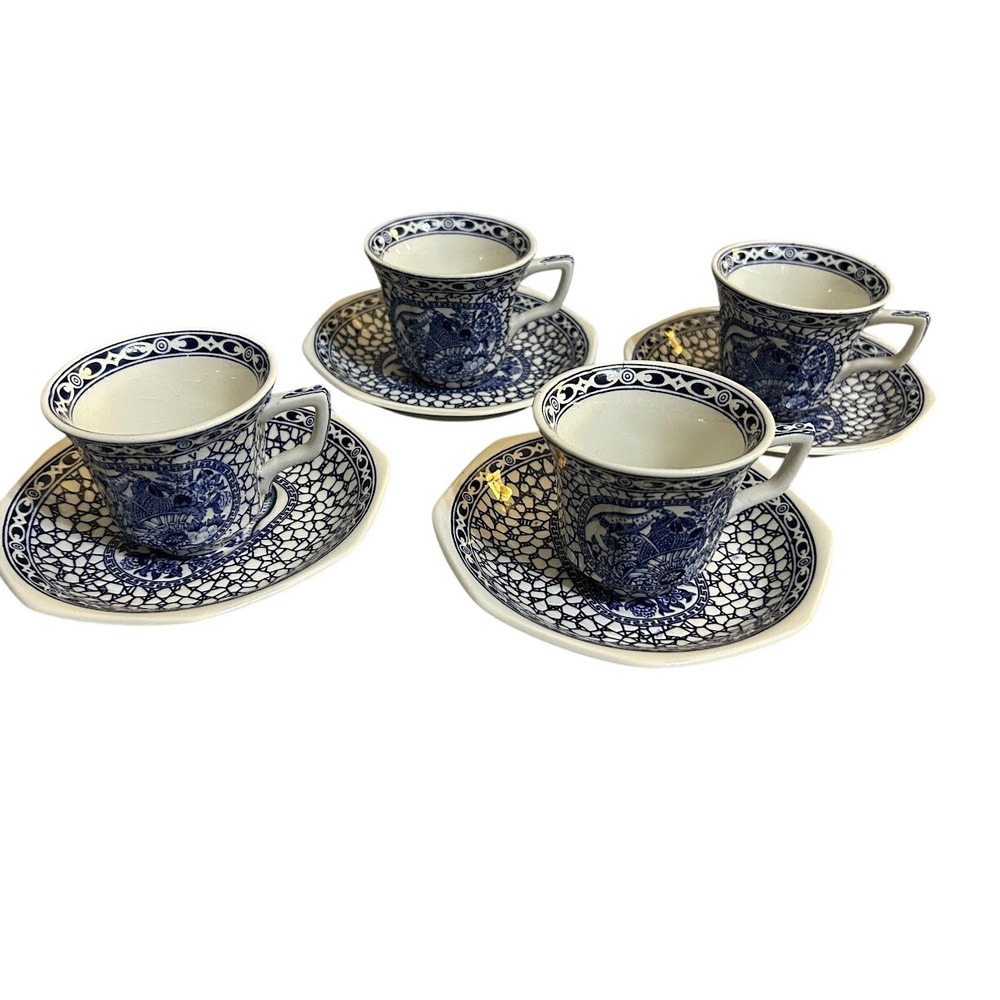 Adams Made in England Blue White Small Cup Saucer Set 4 Tea Coffee‎ 2oz.